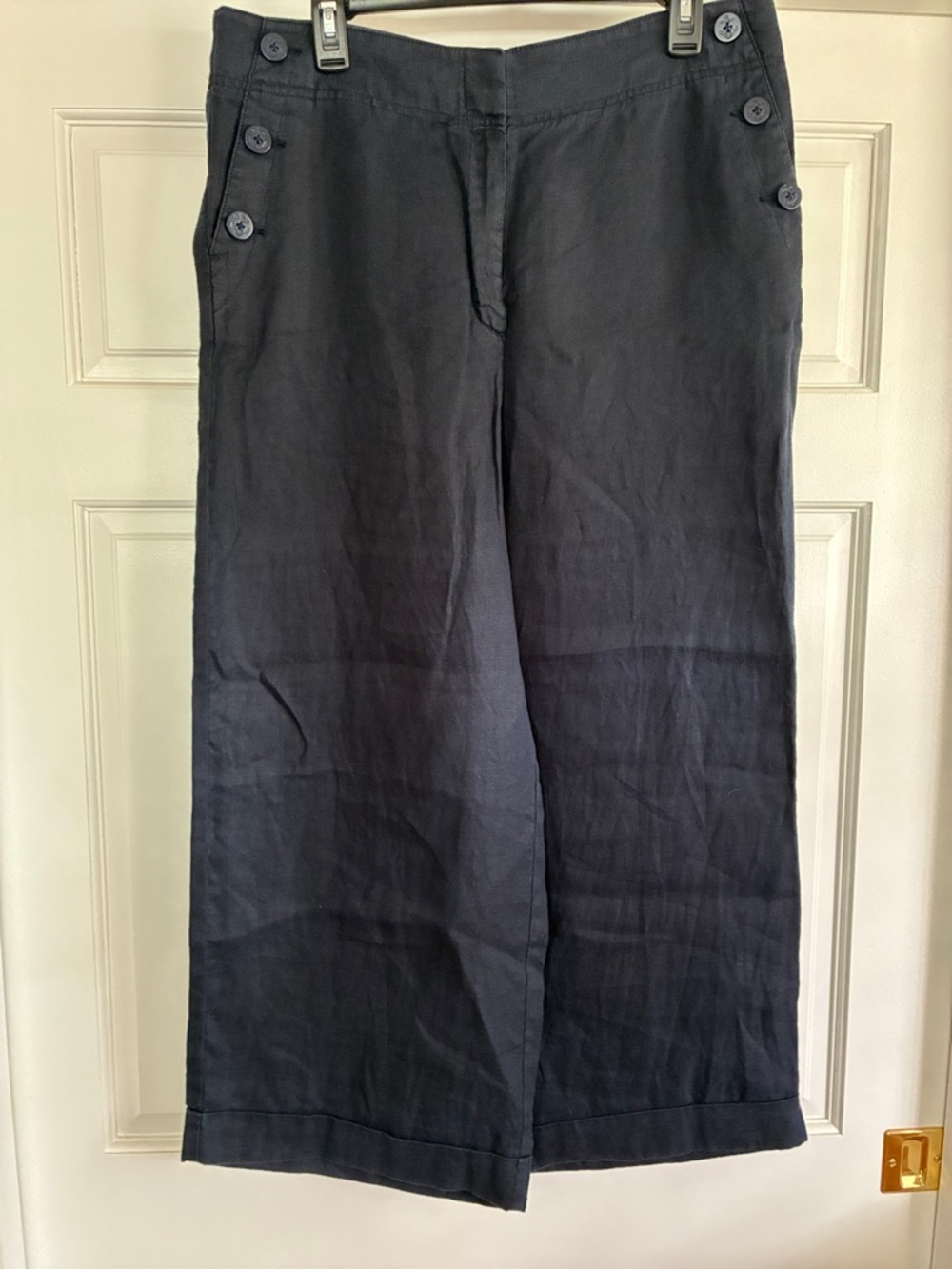 LOFT Navy Wide-Leg Button Detail 100% Linen Sailor Style Pants.